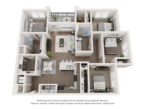 Floor plan for 4 beds, 2 baths, 1304 sqft